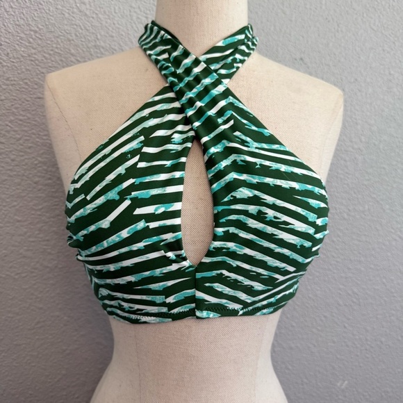 Aerie‎ Green and White Crossover Keyhole Halter Bikini Top Size Small EUC - Picture 2 of 6